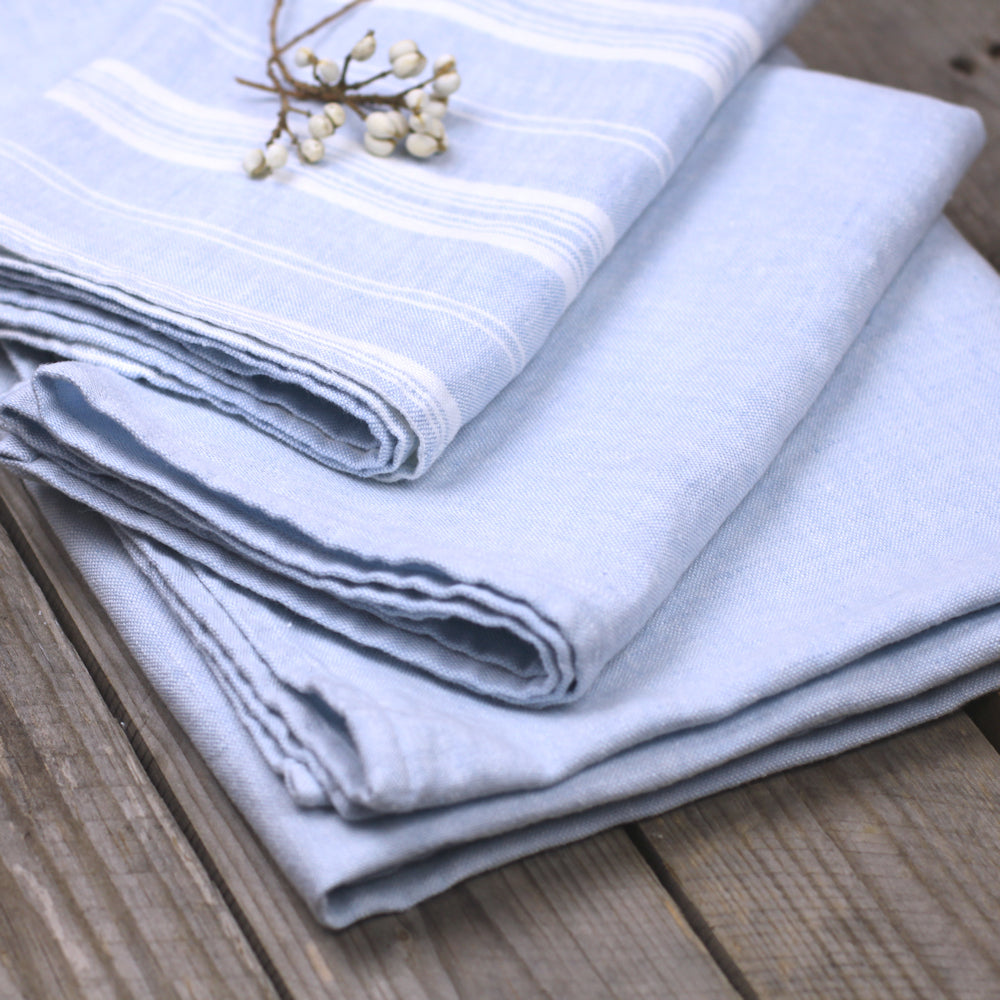 Linen Hand Towel - Stonewashed - Sky Blue with White Stripes 3 - Luxury Thick Linen