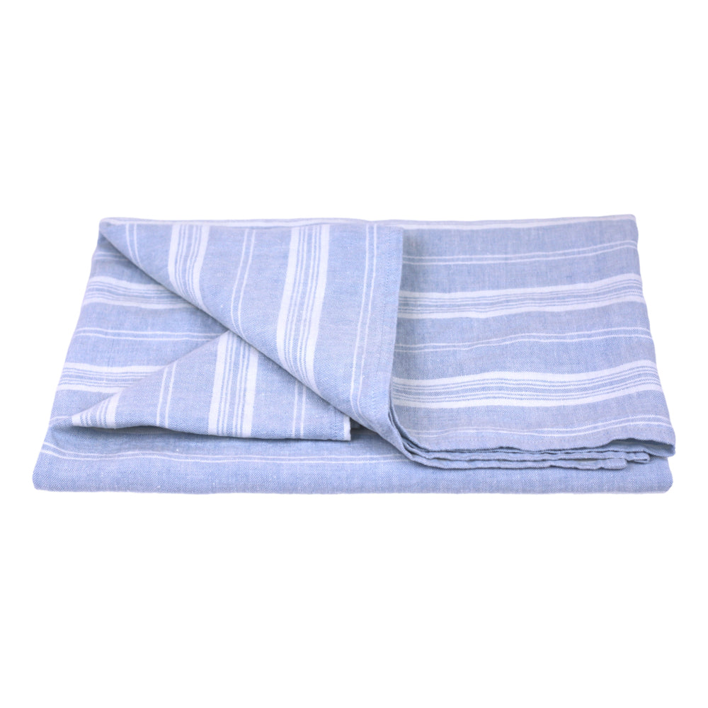 Linen Bath Towel - Stonewashed - Sky Blue with White Stripes 3 - Luxury Thick Linen