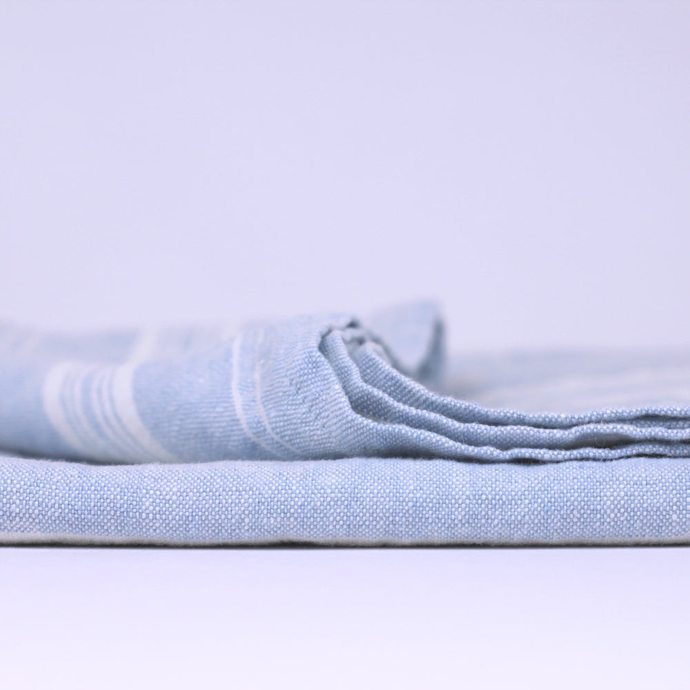 Linen Bath Towel - Stonewashed - Sky Blue with White Stripes 3 - Luxury Thick Linen