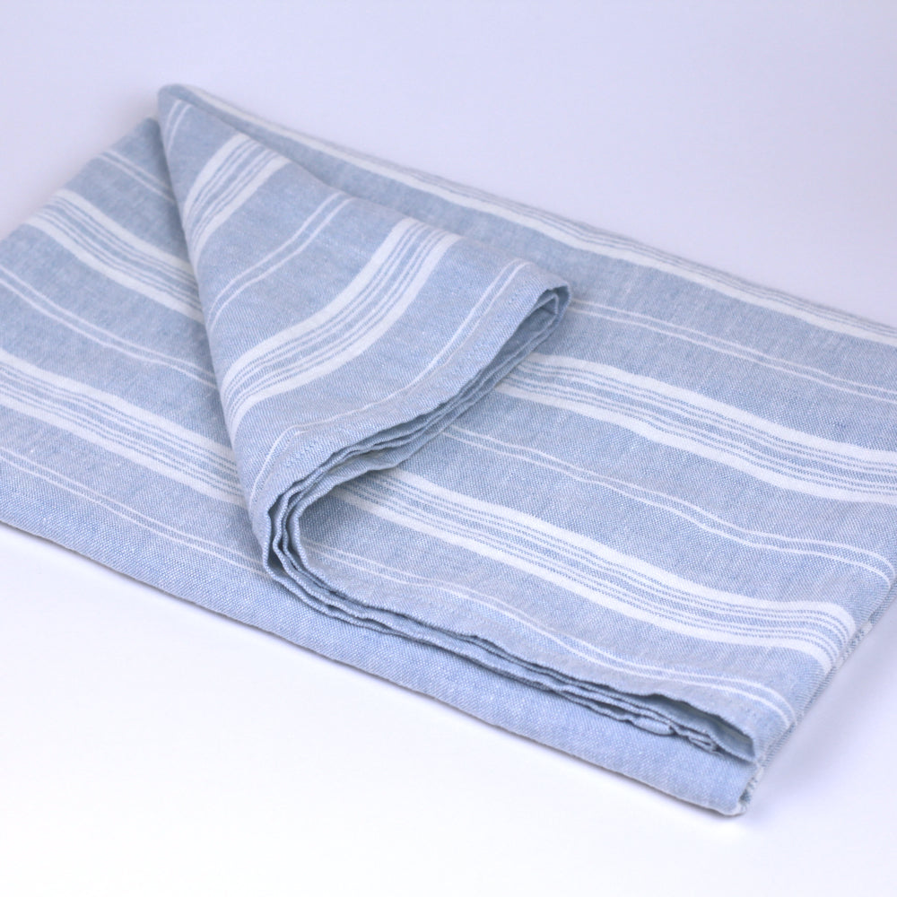 Linen Bath Towel - Stonewashed - Sky Blue with White Stripes 3 - Luxury Thick Linen