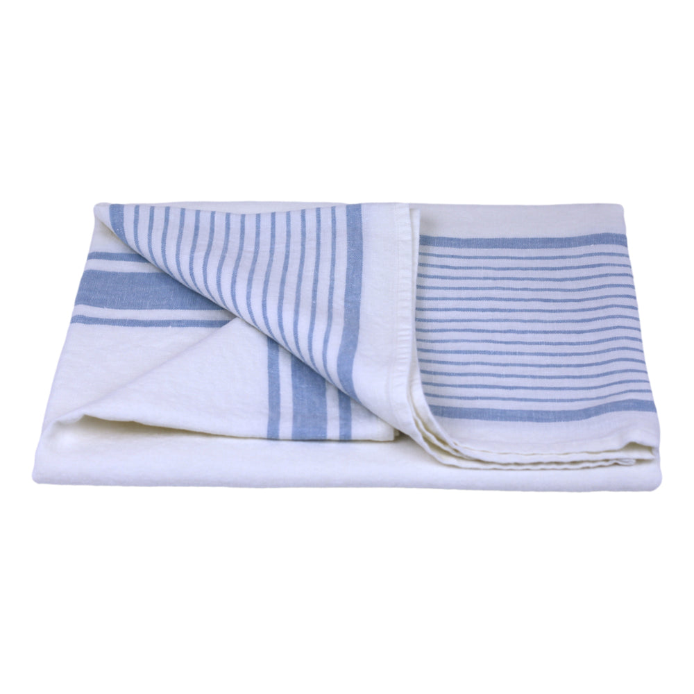 Linen Bath Towel - Stonewashed - White with Light Blue Stripes - Luxury Thick Linen