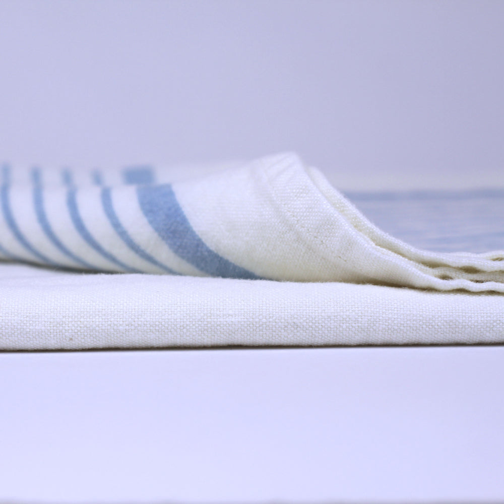 Linen Bath Towel - Stonewashed - White with Light Blue Stripes - Luxury Thick Linen