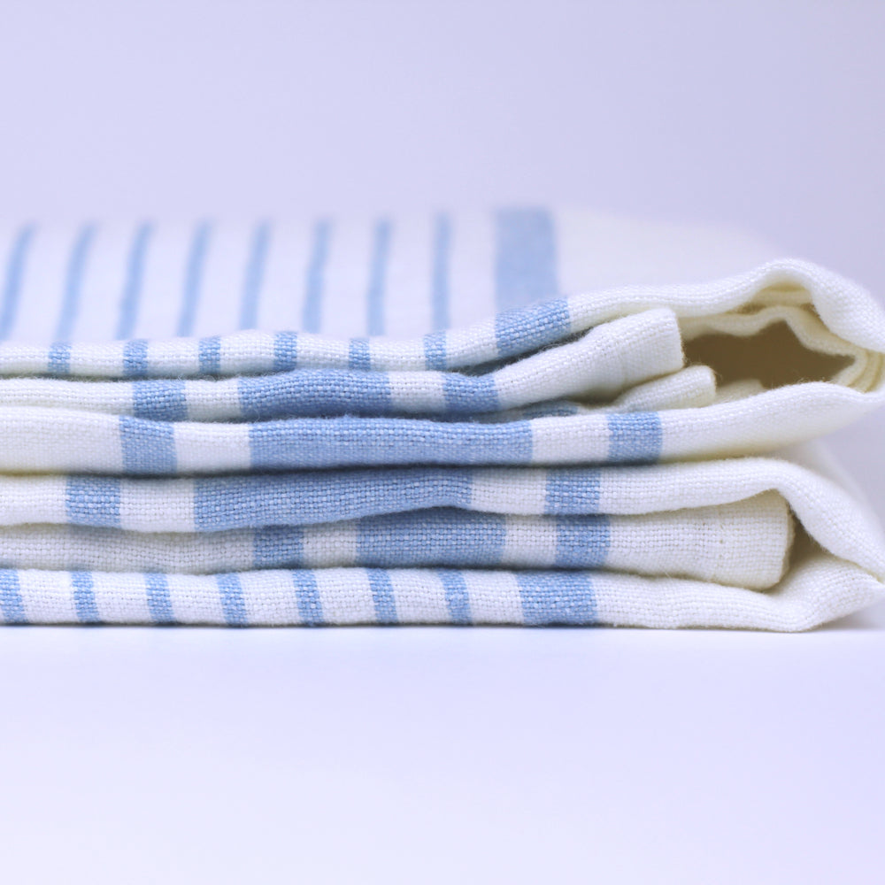 Linen Bath Towel - Stonewashed - White with Light Blue Stripes - Luxury Thick Linen