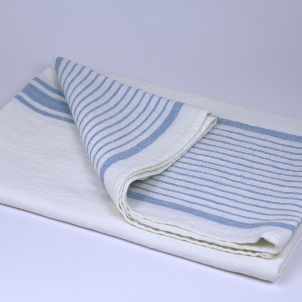 Linen Bath Towel - Stonewashed - White with Light Blue Stripes - Luxury Thick Linen