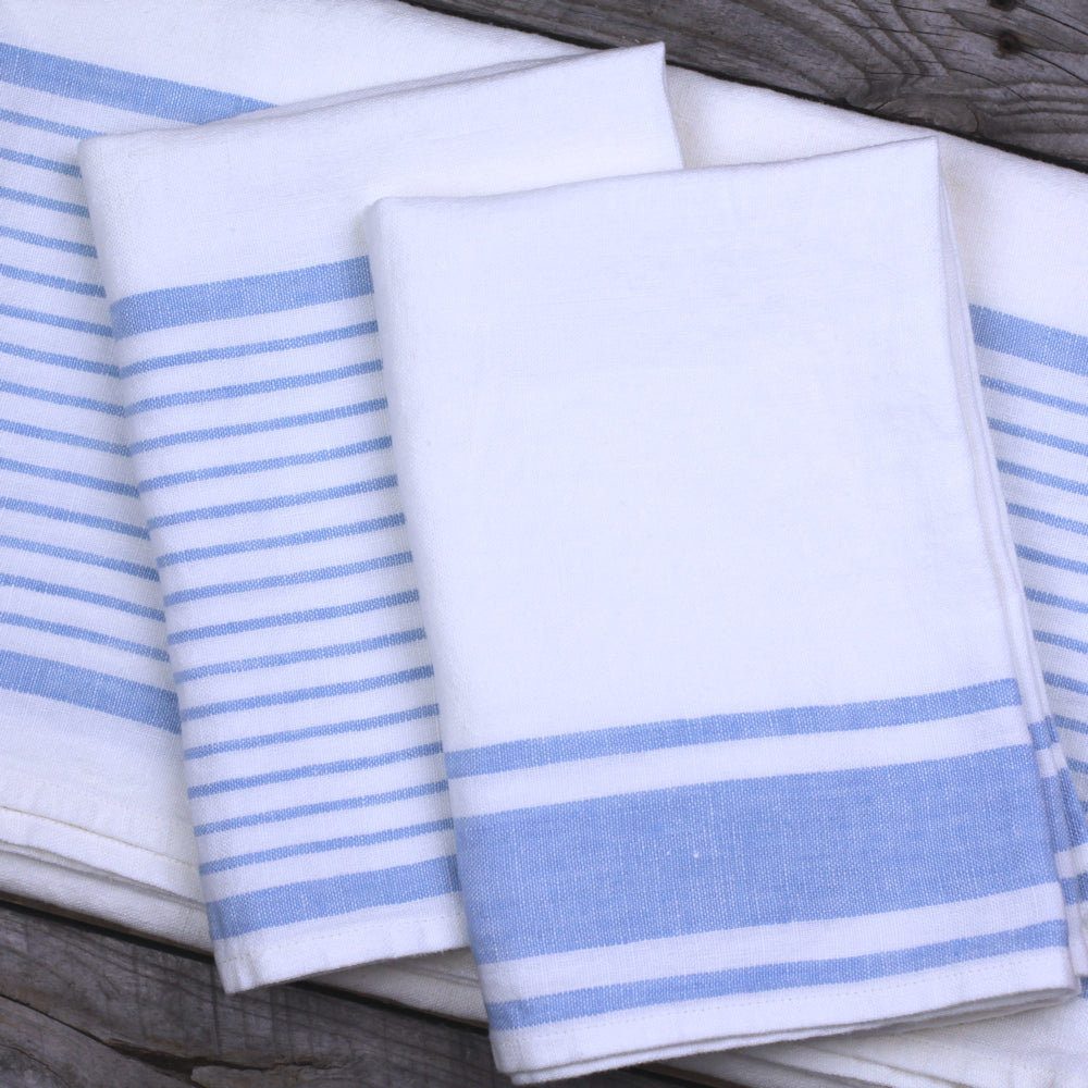 Linen Hand Towel - Stonewashed - White with Light Blue Stripes - Luxury Thick Linen