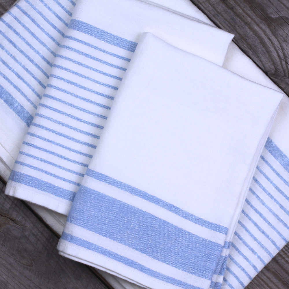 Linen Bath Towel - Stonewashed - White with Light Blue Stripes - Luxury Thick Linen