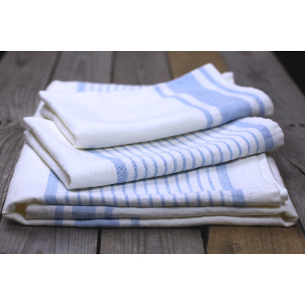 Linen Bath Towel - Stonewashed - White with Light Blue Stripes - Luxury Thick Linen