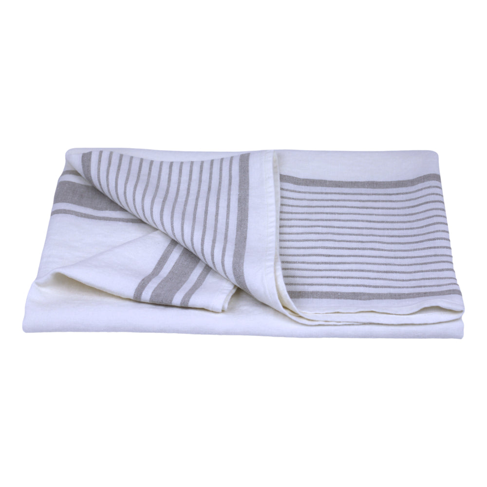 Linen Bath Towel - Stonewashed - White with Light Natural Stripes - Luxury Thick Linen