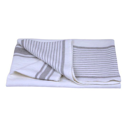 Linen Bath Towel - Stonewashed - White with Light Natural  Stripes - Luxury Thick Linen