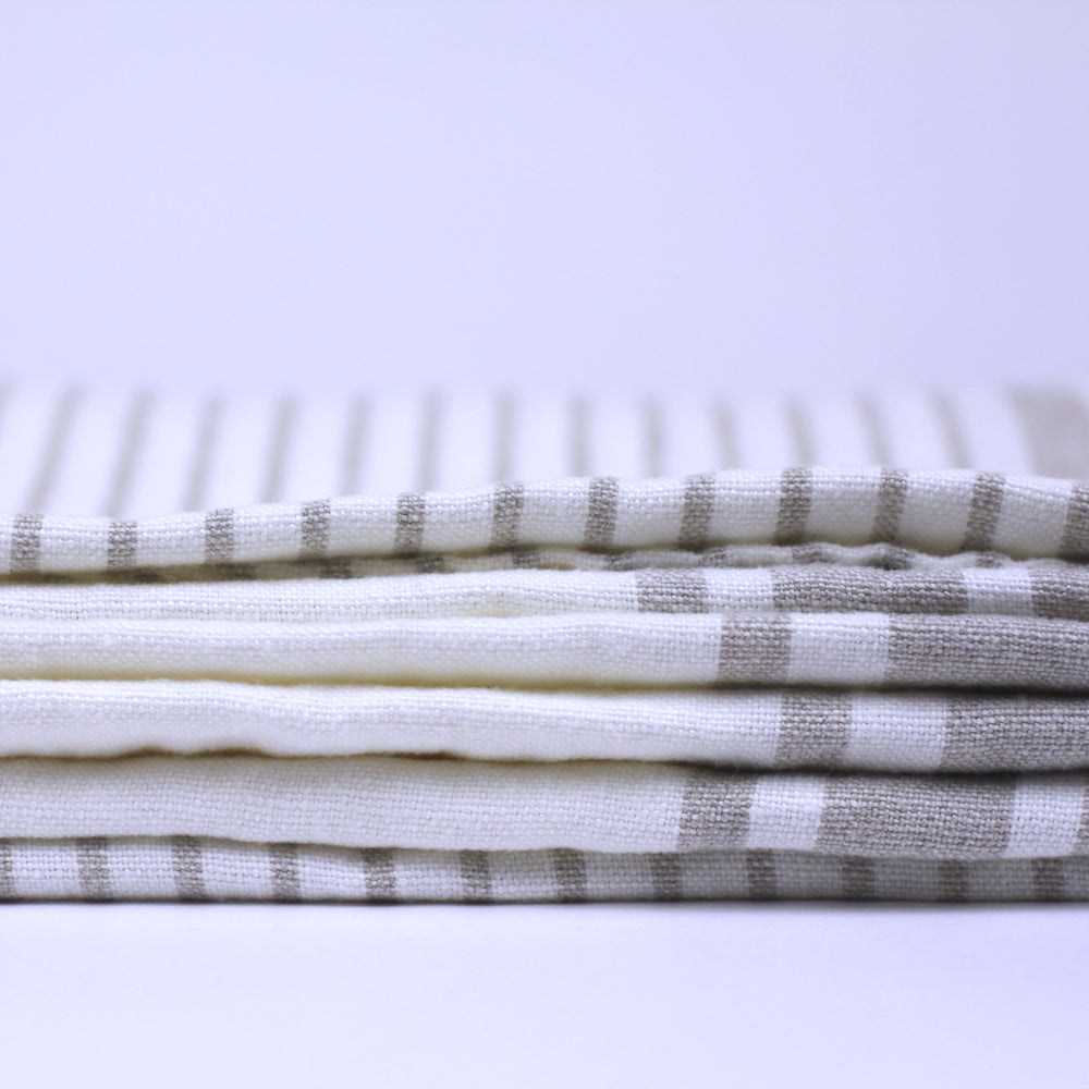 Linen Bath Towel - Stonewashed - White with Light Natural Stripes - Luxury Thick Linen