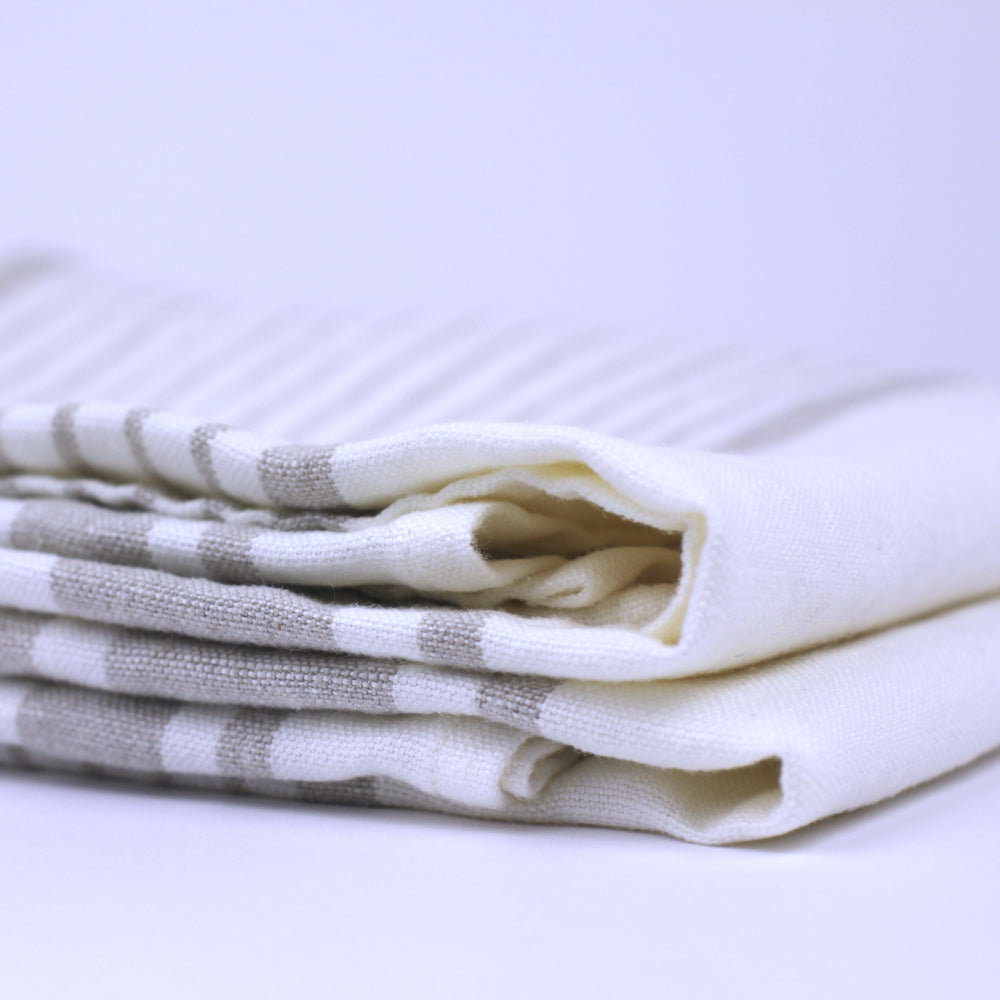 Linen Bath Towel - Stonewashed - White with Light Natural Stripes - Luxury Thick Linen