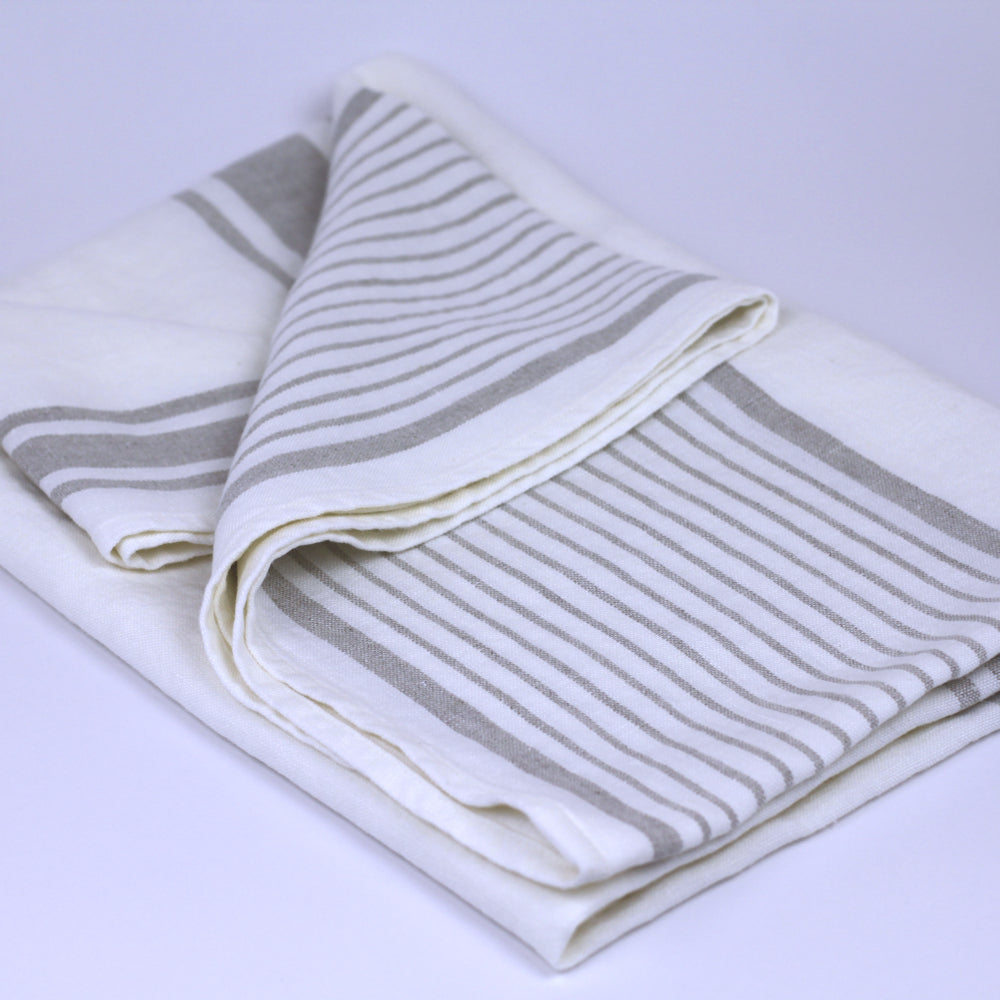 Linen Bath Towel - Stonewashed - White with Light Natural Stripes - Luxury Thick Linen