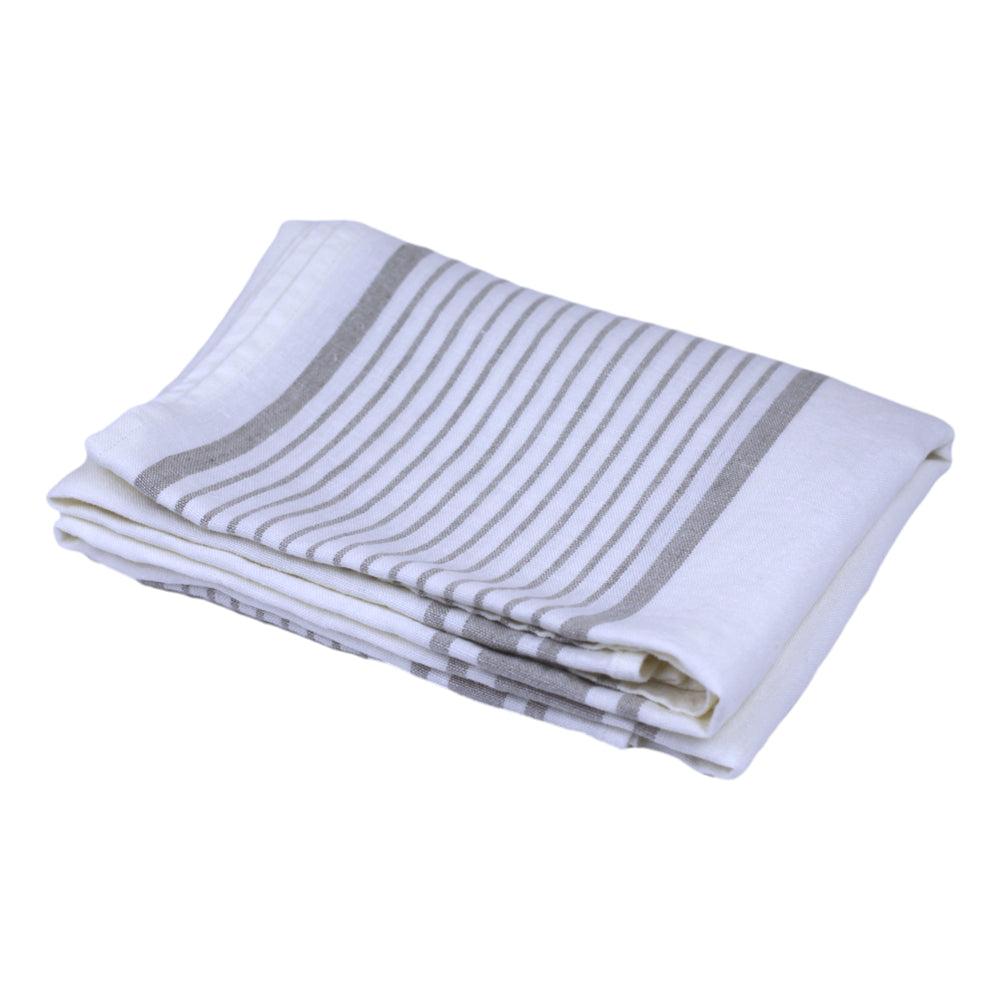 Linen Bath Towel - Stonewashed - White with Light Natural Stripes - Luxury Thick Linen