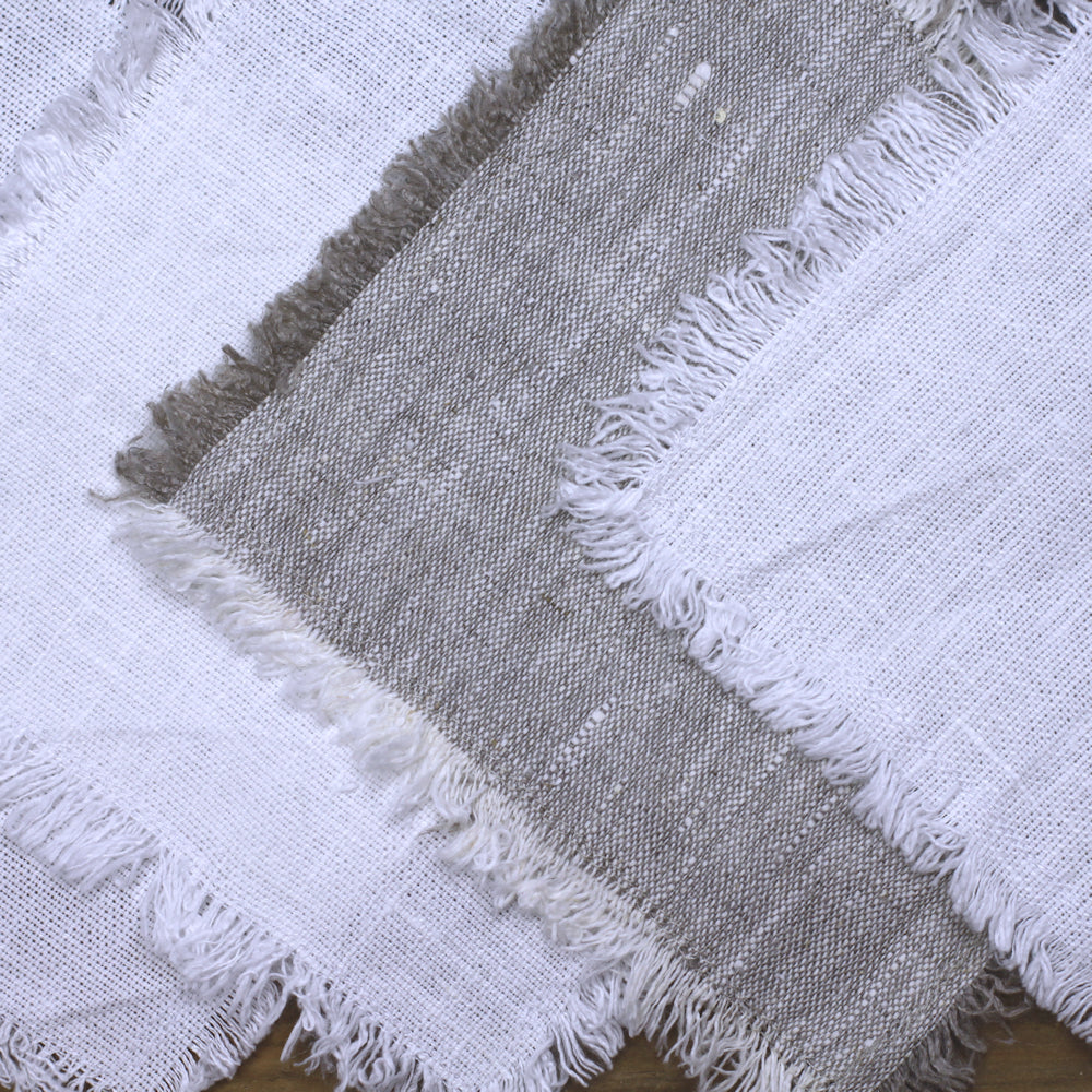 Linen Cocktail Napkins Set of 6 - Stonewashed - White with Frayed Edges - Luxury Thick Linen