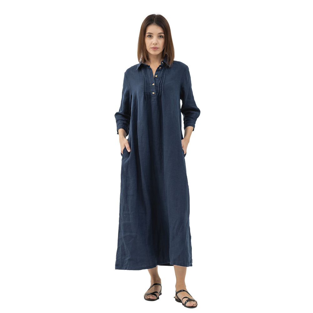 Linen Dress Laura - Navy Blue - Stonewashed - Luxury Medium Thick Linen