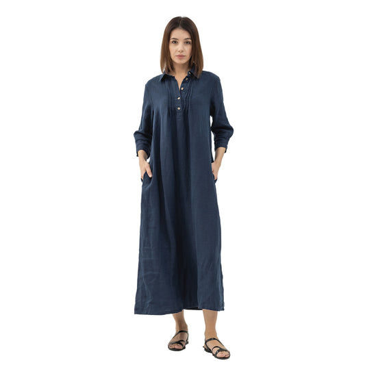 Linen Dress Laura - Navy Blue - Stonewashed - Luxury Medium Thick Linen