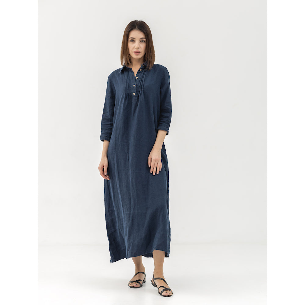 Linen Dress Laura - Navy Blue - Stonewashed - Luxury Medium Thick Linen