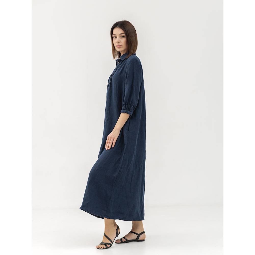 Linen Dress Laura - Navy Blue - Stonewashed - Luxury Medium Thick Linen