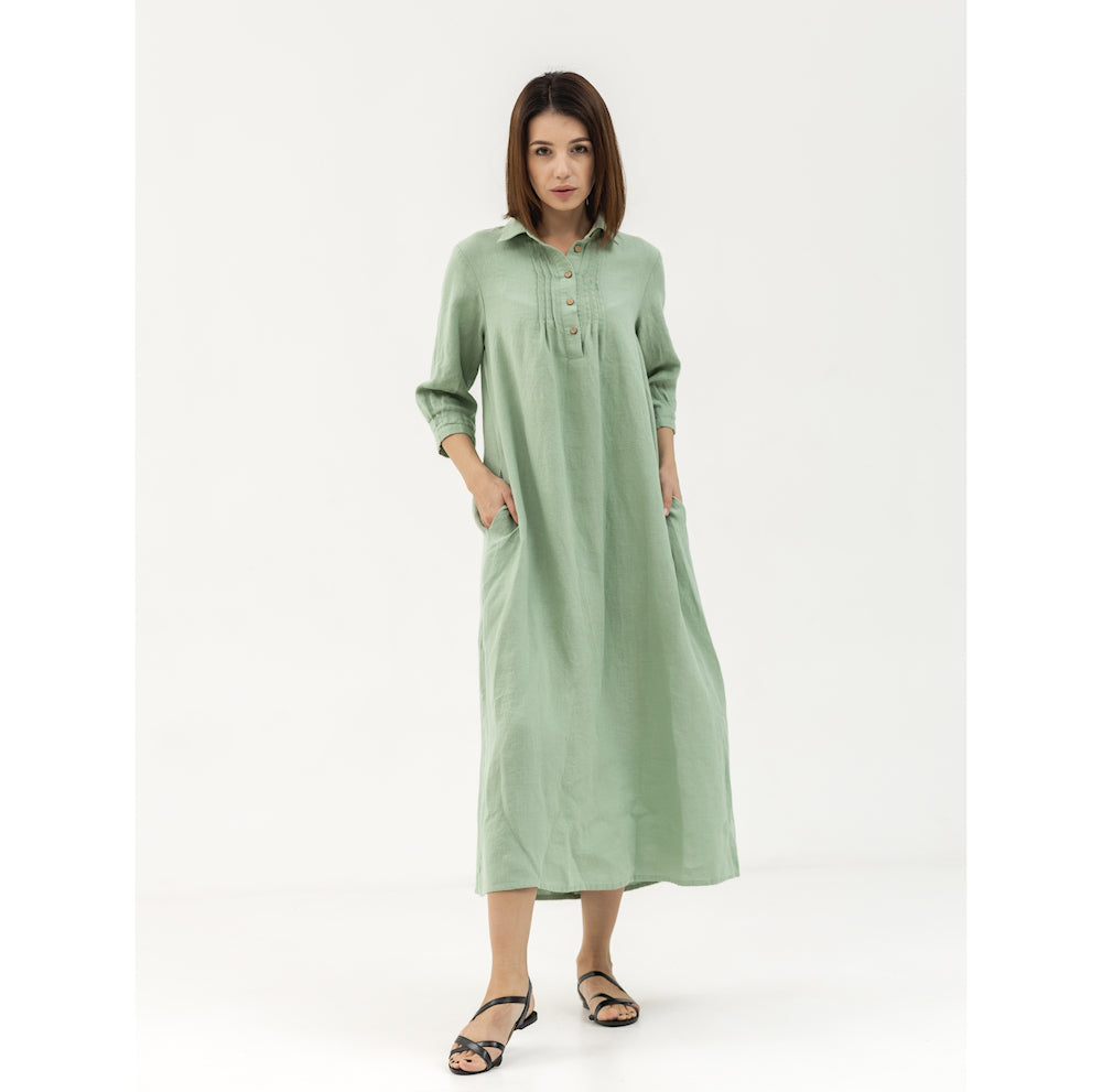 Linen Dress Laura - Sage Green - Stonewashed - Luxury Medium Thick Linen