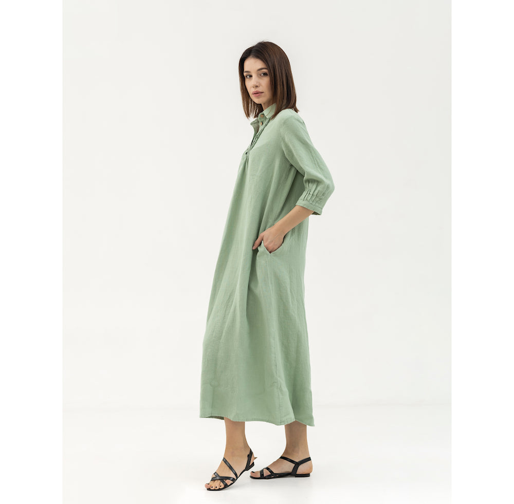 Linen Dress Laura - Sage Green - Stonewashed - Luxury Medium Thick Linen
