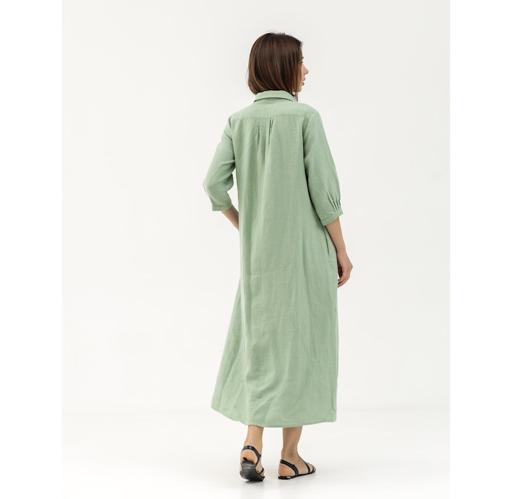 Linen Dress Laura - Sage Green - Stonewashed - Luxury Medium Thick Linen