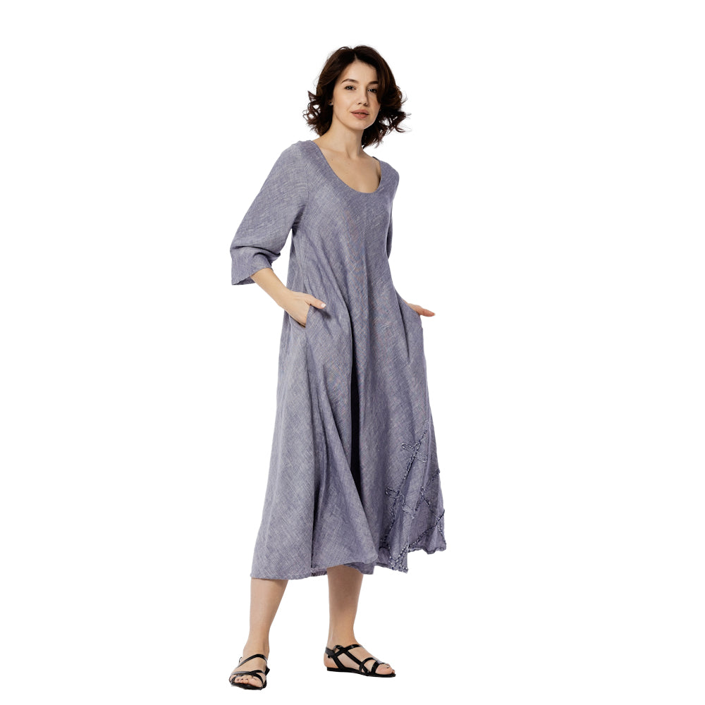 Linen Dress Paola - Heather Blue White - Stonewashed - Luxury Medium Thick Linen