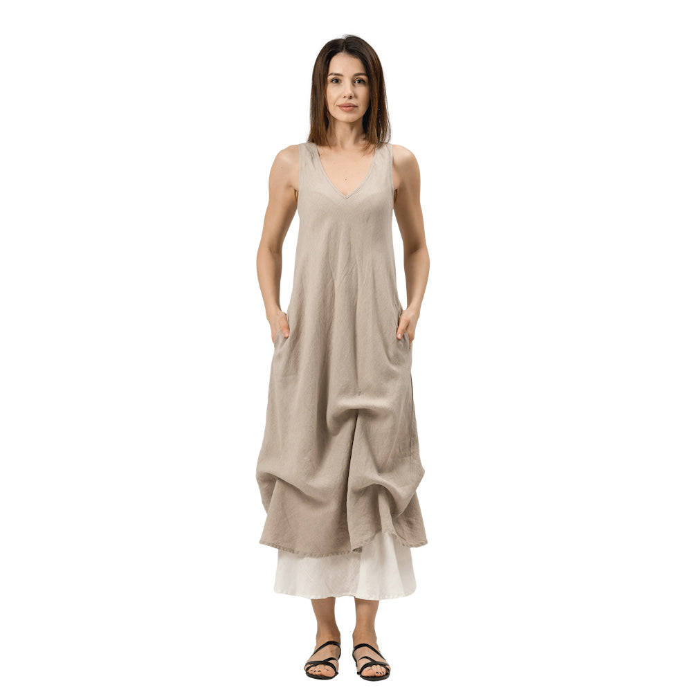 Linen Double Layer Dress - Natural and White - Stonewashed - Luxury Thin Linen