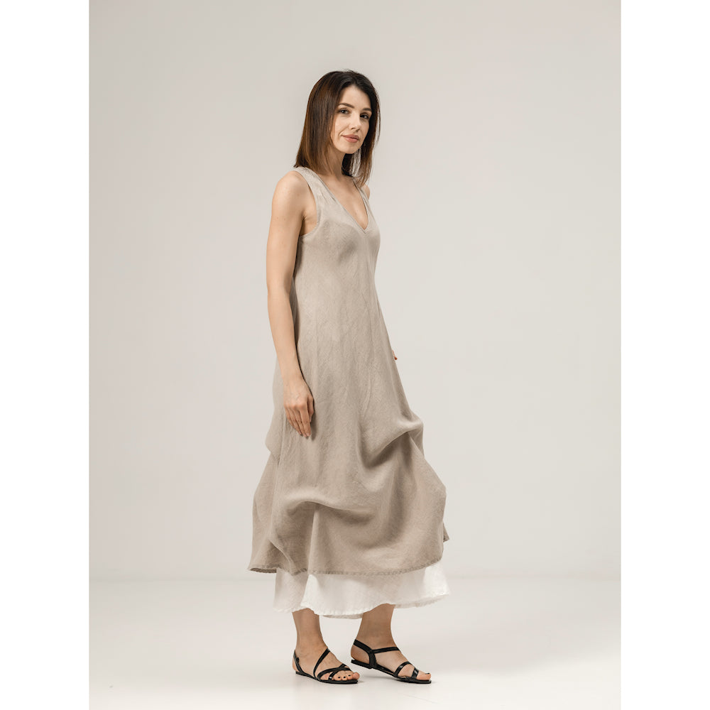 Linen Double Layer Dress - Natural and White - Stonewashed - Luxury Thin Linen