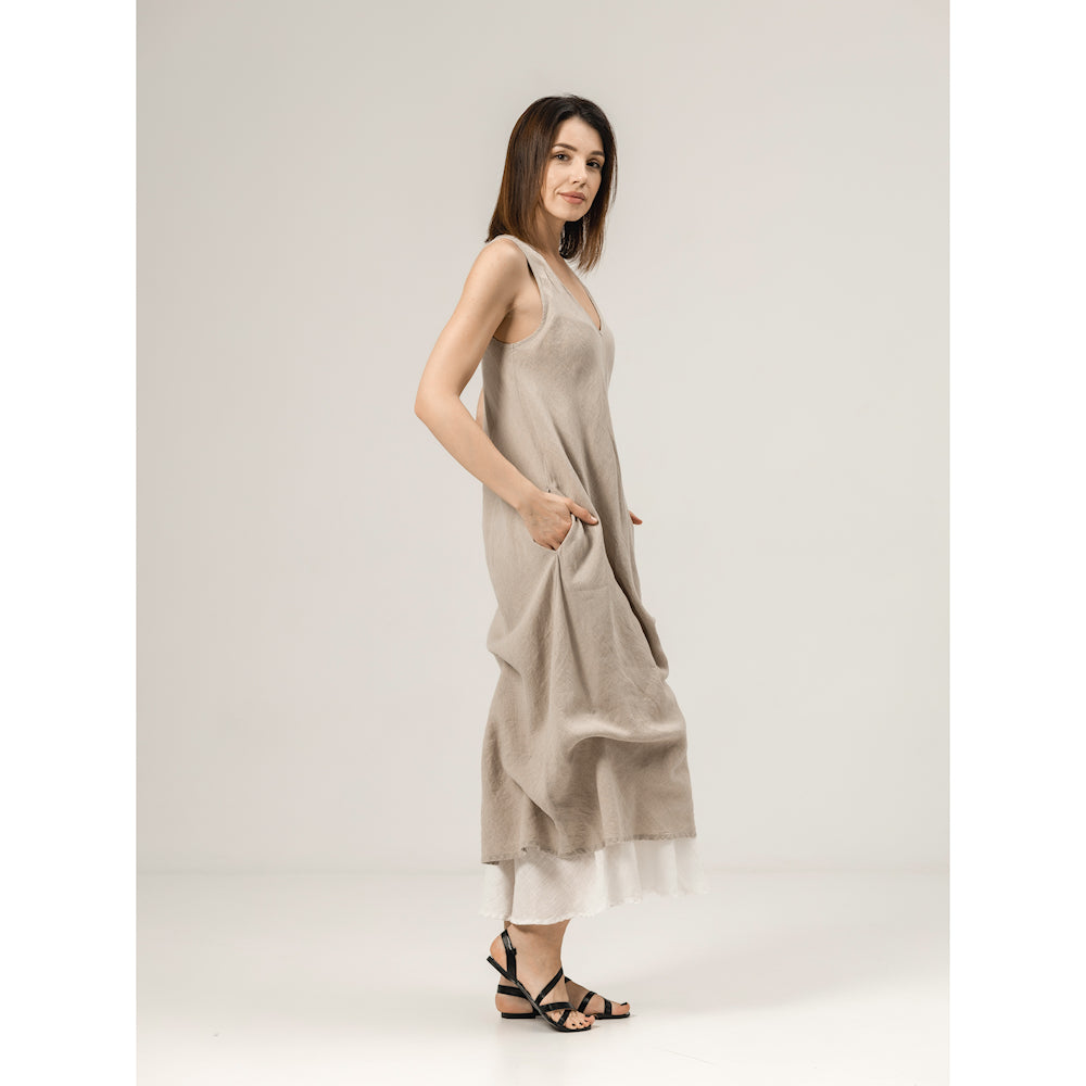Linen Double Layer Dress - Natural and White - Stonewashed - Luxury Thin Linen