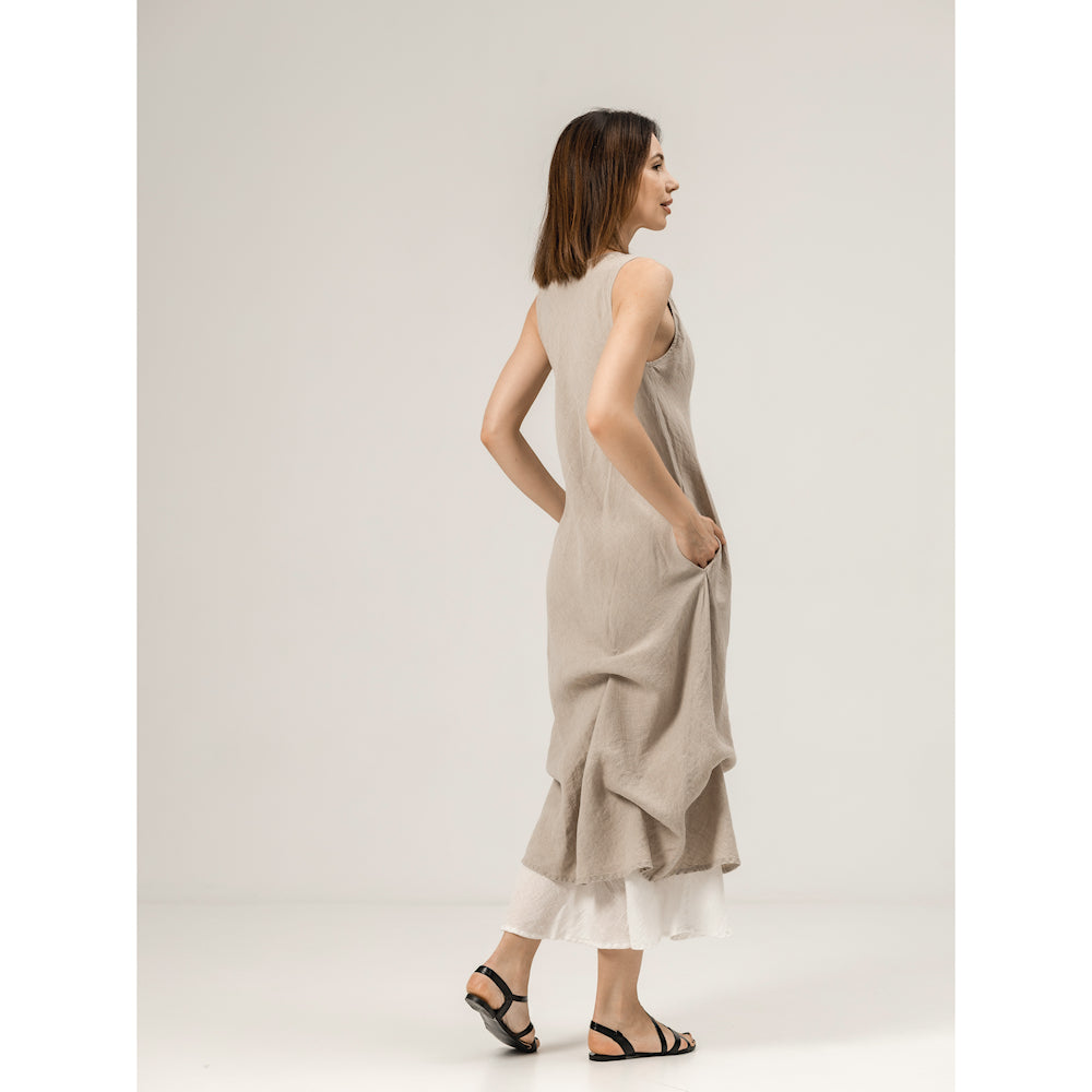 Linen Double Layer Dress - Natural and White - Stonewashed - Luxury Thin Linen