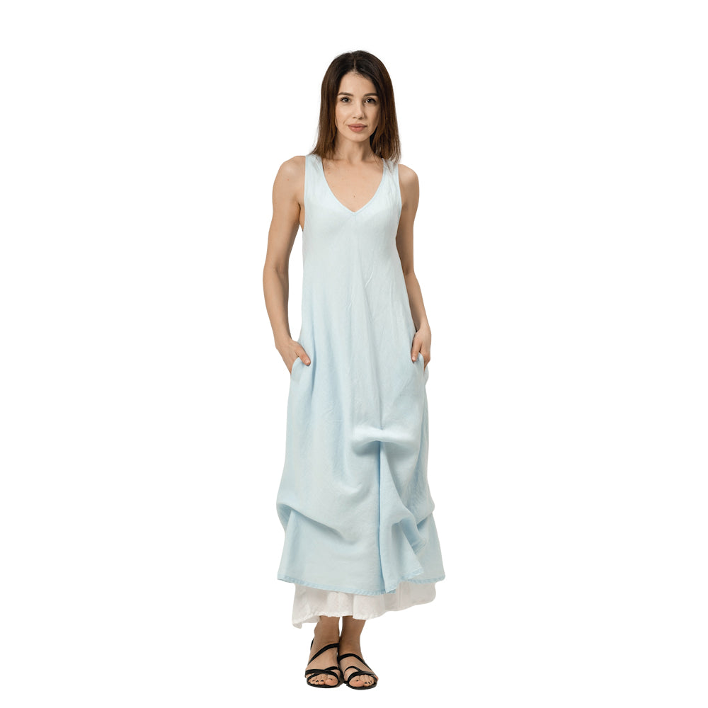 Linen Double Layer Dress - Sky Blue and White - Stonewashed - Luxury Thin Linen