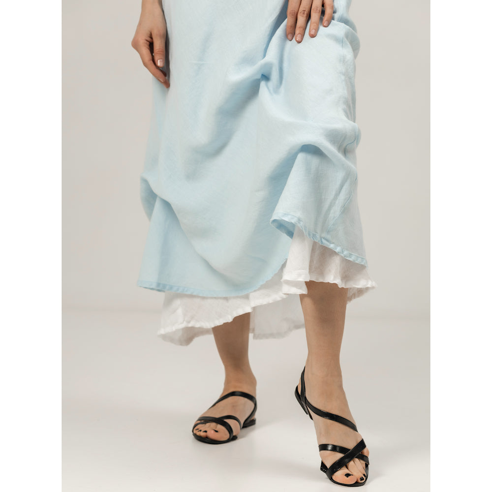 Linen Double Layer Dress - Sky Blue and White - Stonewashed - Luxury Thin Linen