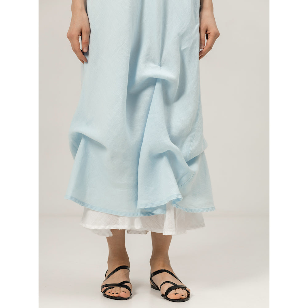 Linen Double Layer Dress - Sky Blue and White - Stonewashed - Luxury Thin Linen