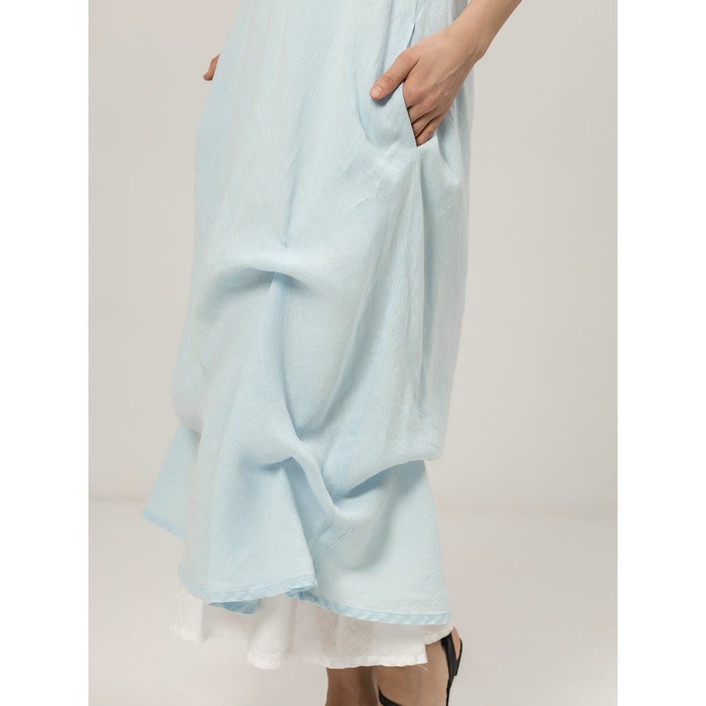 Linen Double Layer Dress - Sky Blue and White - Stonewashed - Luxury Thin Linen