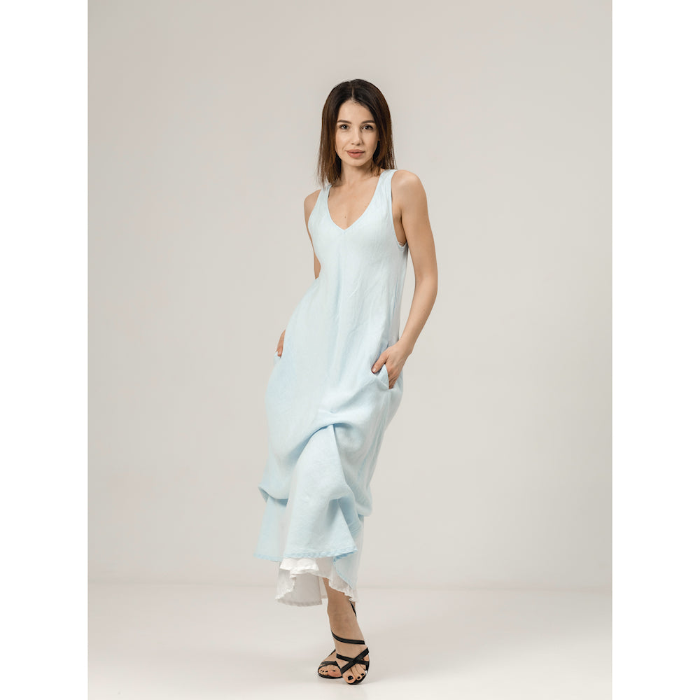 Linen Double Layer Dress - Sky Blue and White - Stonewashed - Luxury Thin Linen