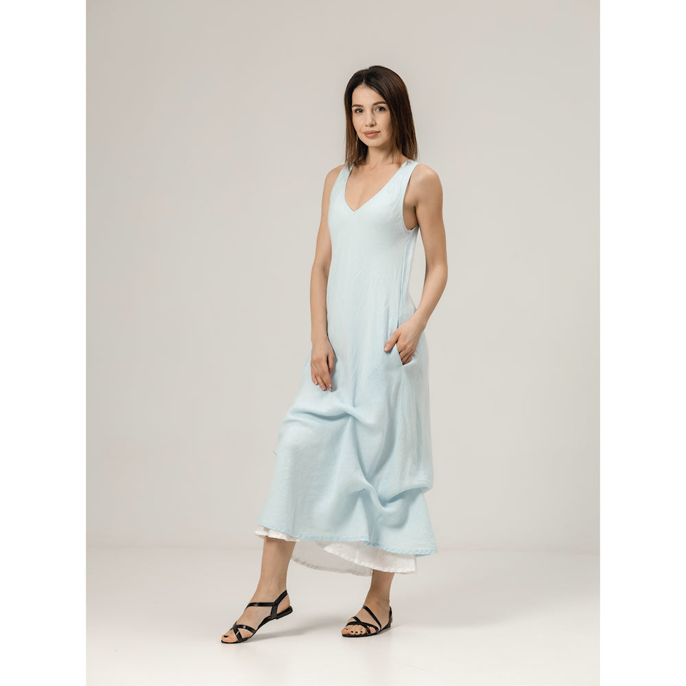 Linen Double Layer Dress - Sky Blue and White - Stonewashed - Luxury Thin Linen