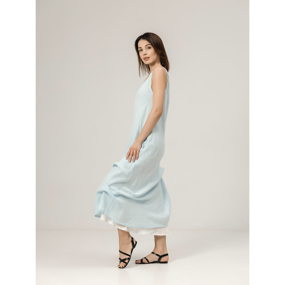 Linen Double Layer Dress - Sky Blue and White - Stonewashed - Luxury Thin Linen