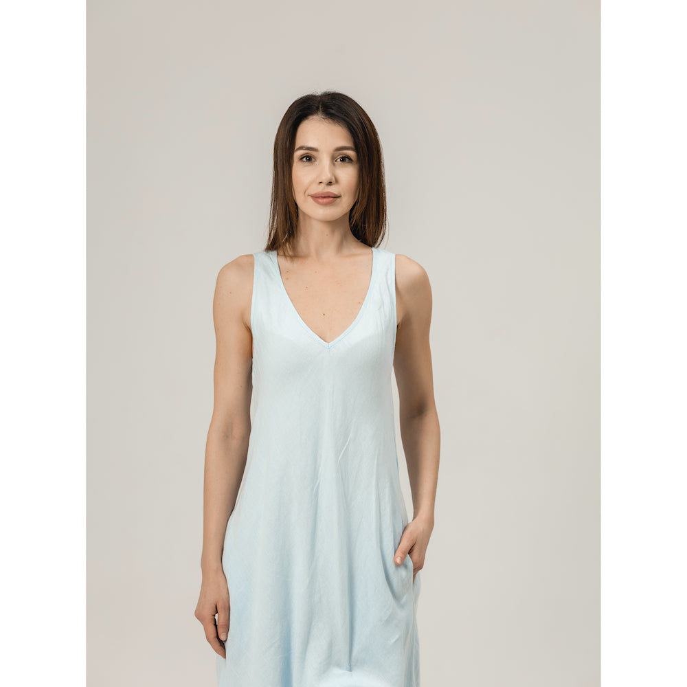 Linen Double Layer Dress - Sky Blue and White - Stonewashed - Luxury Thin Linen