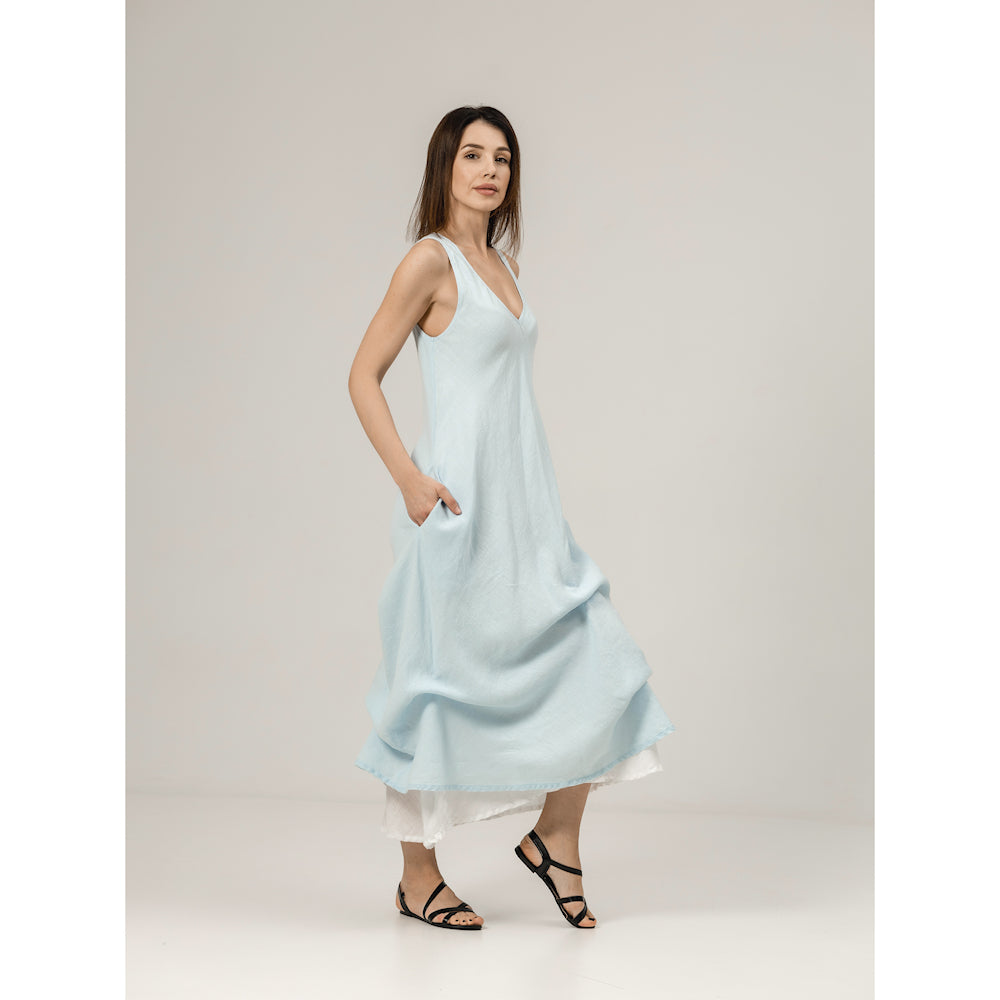 Linen Double Layer Dress - Sky Blue and White - Stonewashed - Luxury Thin Linen