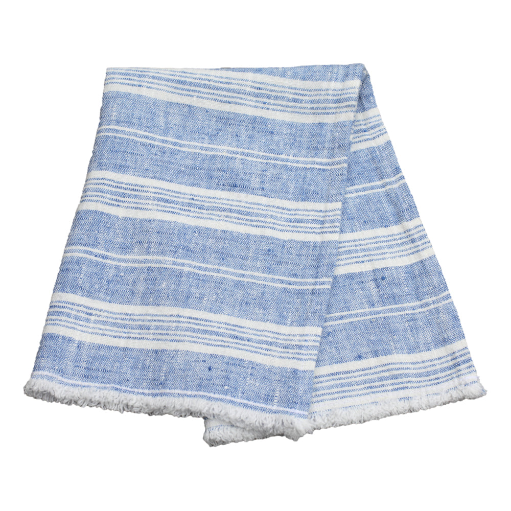 Linen Guest Towel - Stonewashed - Heather Light Blue with White Stripes and Frayed Edges - Luxury Thick Linen