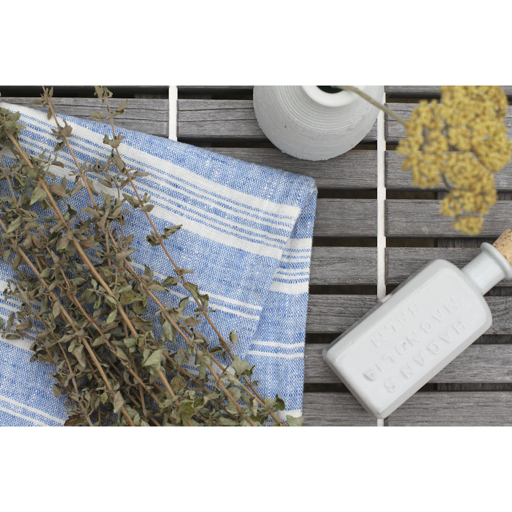 Linen Guest Towel - Stonewashed - Heather Light Blue with White Stripes and Frayed Edges - Luxury Thick Linen