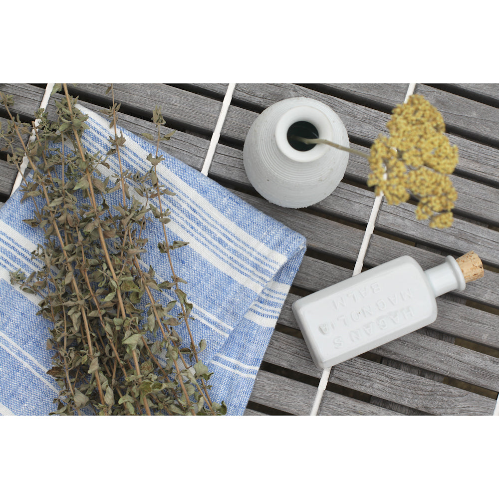 Linen Guest Towel - Stonewashed - Heather Light Blue with White Stripes and Frayed Edges - Luxury Thick Linen