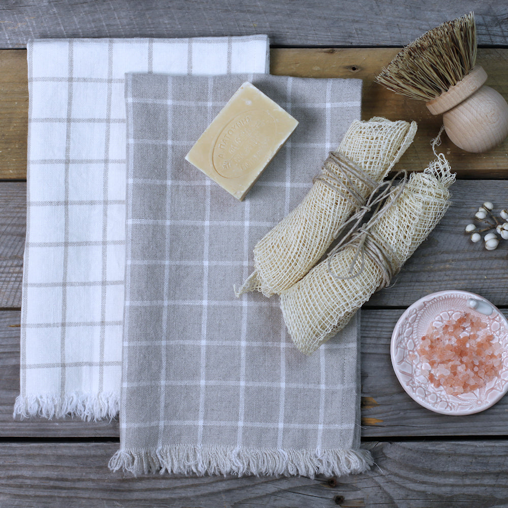 Linen Guest Towel - Stonewashed - White with Natural Squares and Frayed Edges - Luxury Thick Linen