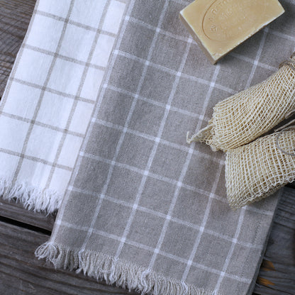 Linen Guest Towel - Stonewashed - White with Natural Squares and Frayed Edges - Luxury Thick Linen