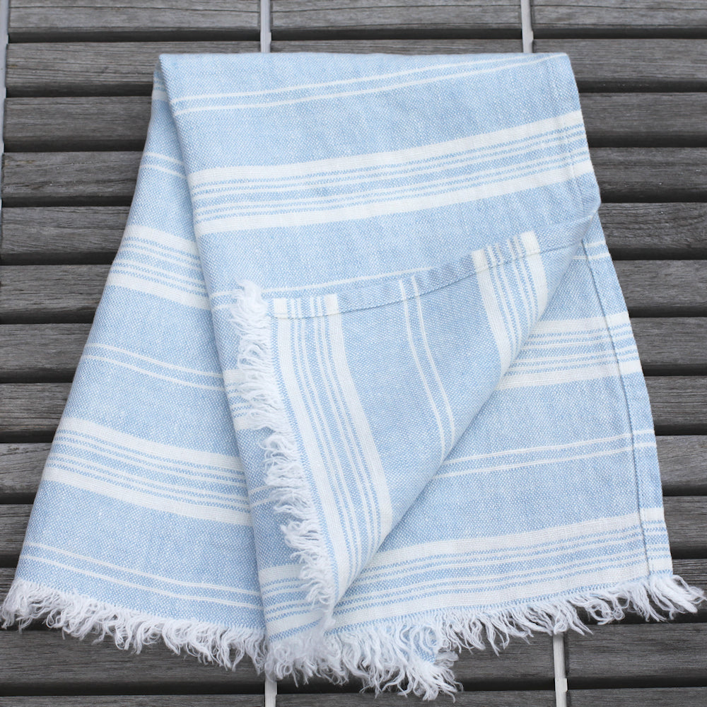 Linen Guest Towel - Stonewashed - Sky Blue with White Stripes and Frayed Edges - Luxury Thick Linen