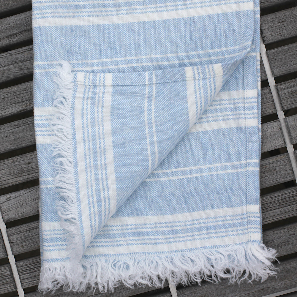 Linen Guest Towel - Stonewashed - Sky Blue with White Stripes and Frayed Edges - Luxury Thick Linen