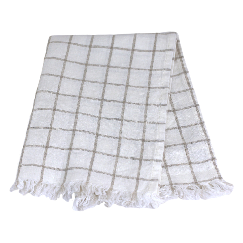 Linen Guest Towel - Stonewashed - White with Natural Squares and Frayed Edges - Luxury Thick Linen