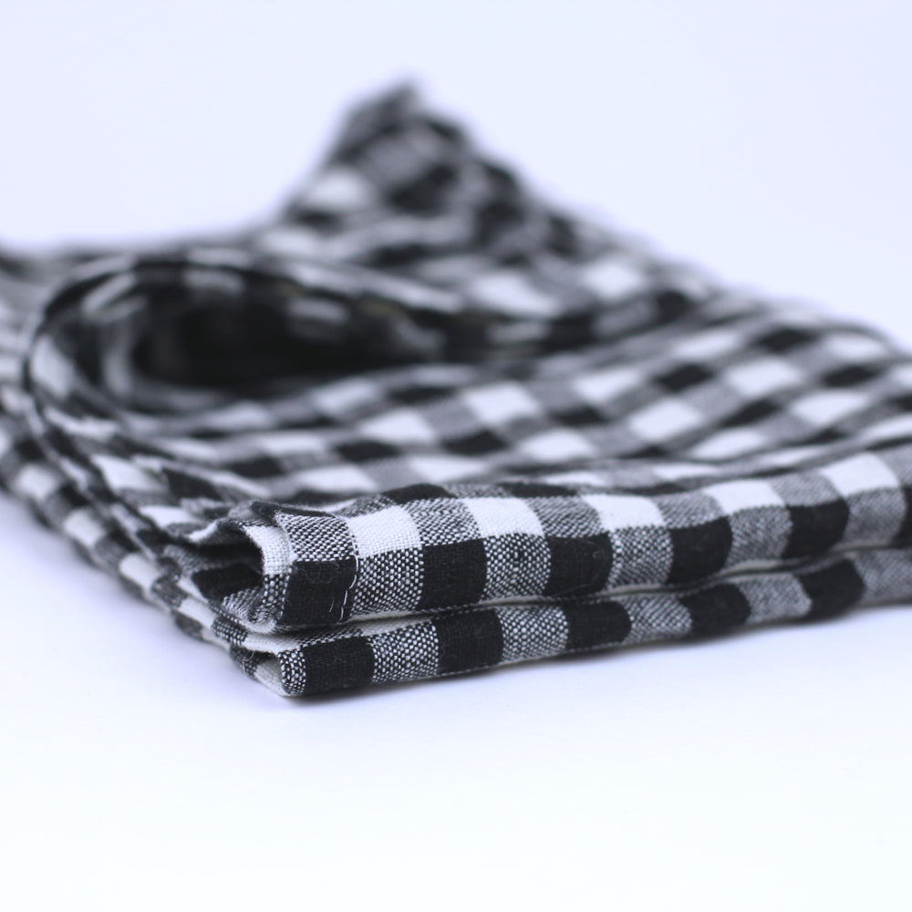 Linen Hand Towel - Stonewashed - Black White Squares - Thin Linen