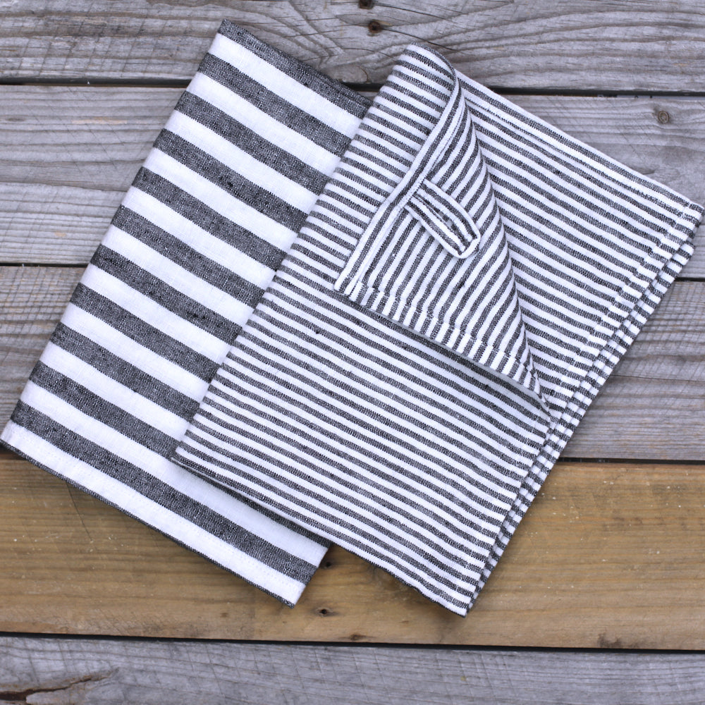 Linen Hand Towel - Stonewashed - Black White Medium Stripes - Thin Linen