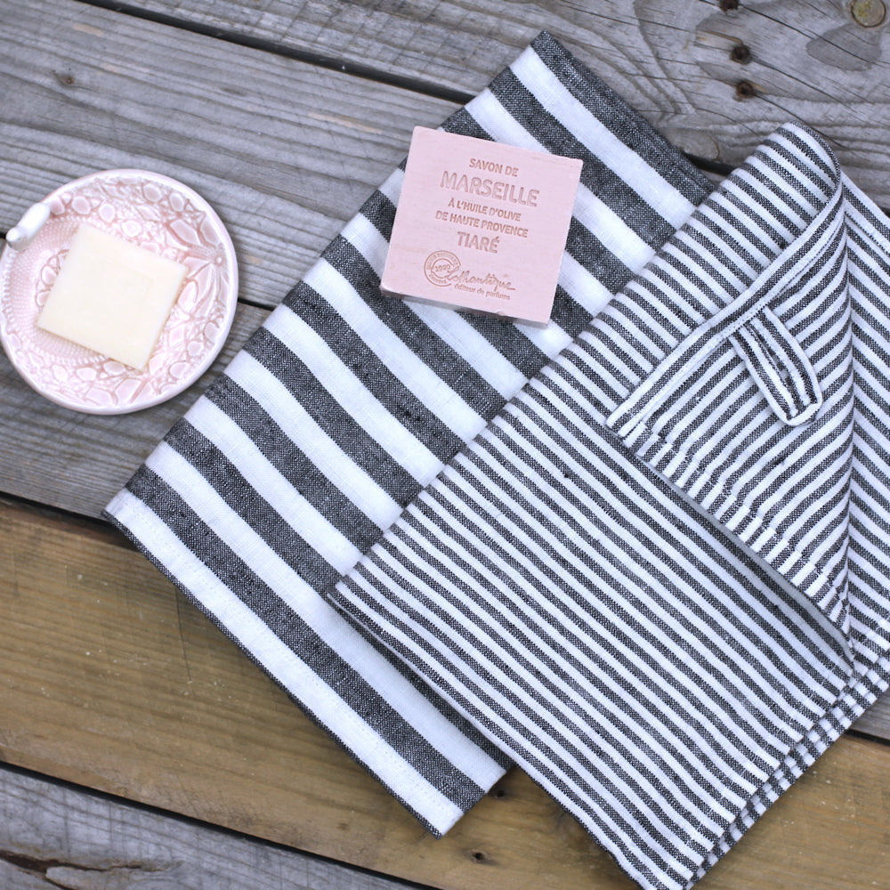 Linen Hand Towel - Stonewashed - Black White Medium Stripes - Thin Linen